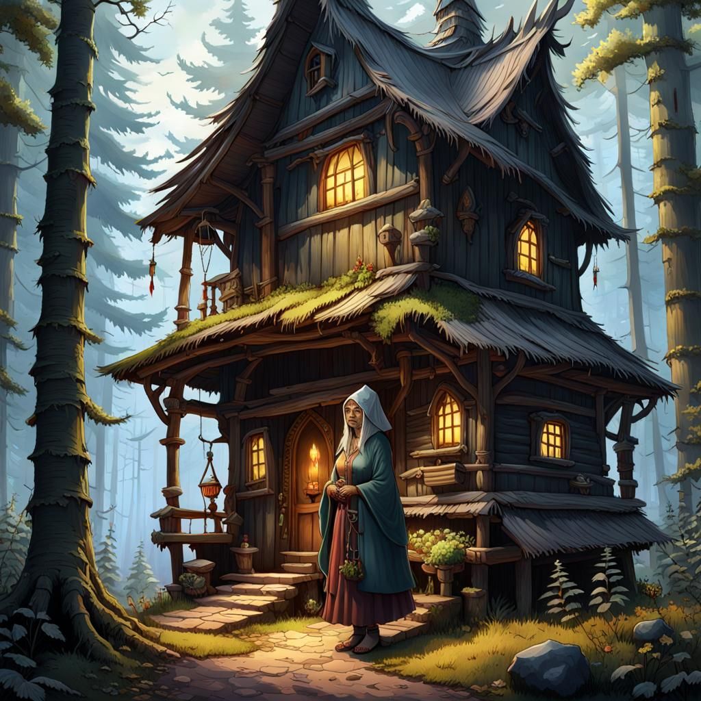 Baba Yaga in Dark Forest: Digital Art