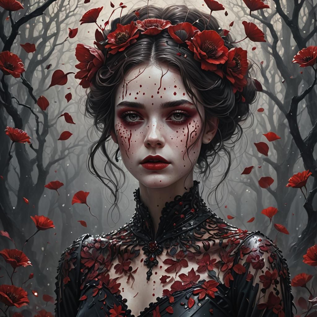 Petal Adorned Woman in Pointillism Style