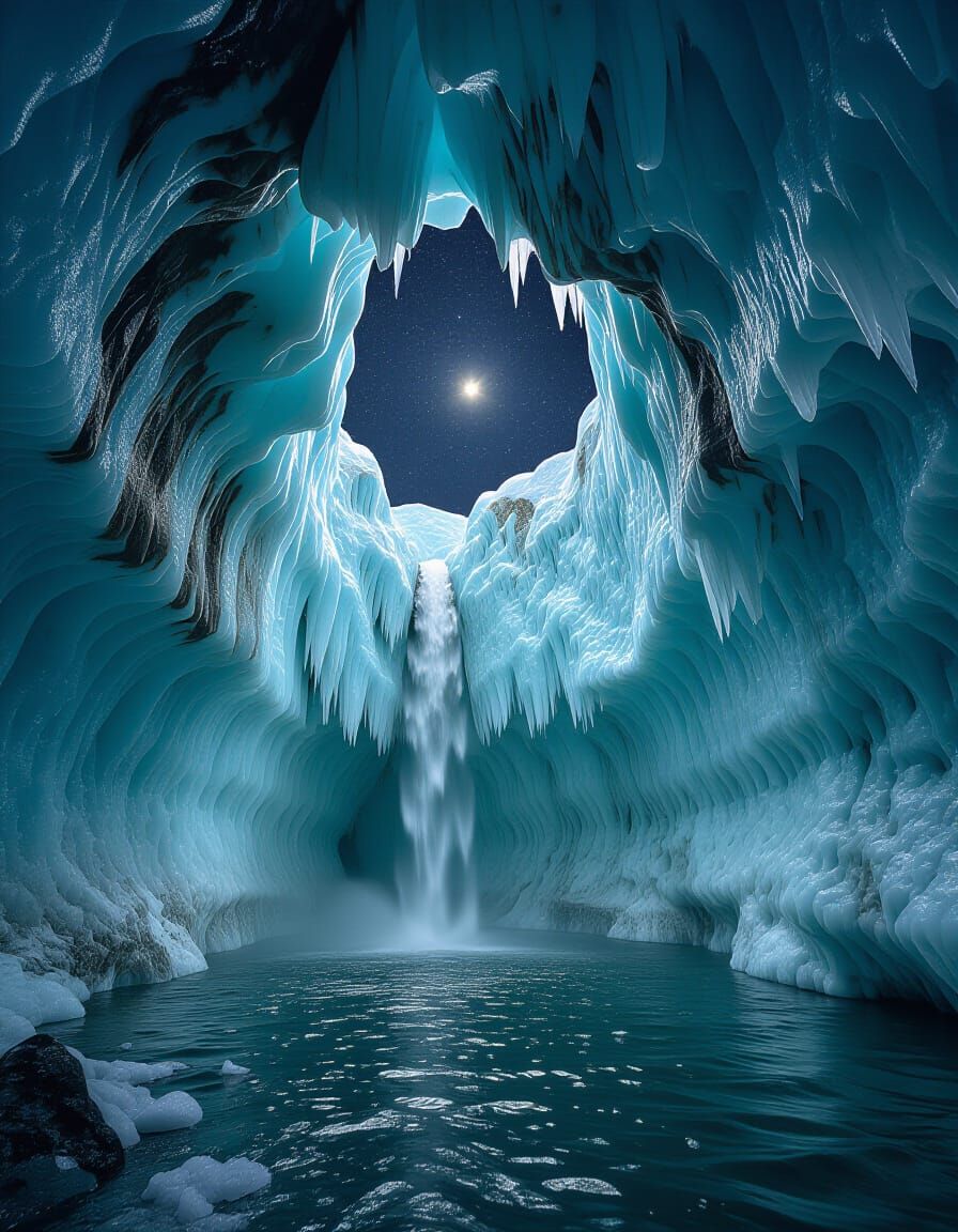 Icy Cavern with Starlit Sky: Vintage Film Photography