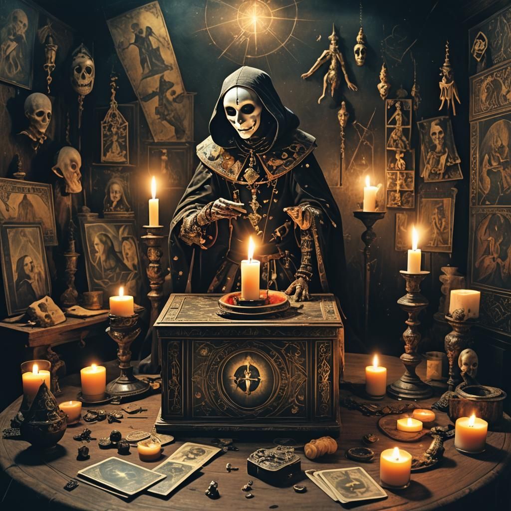 Surrealist Harlequin Tarot Card in Gothic Setting