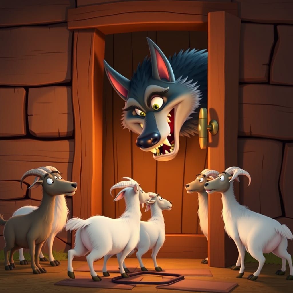 Wolf and Seven Goats in 3D Cartoon Style