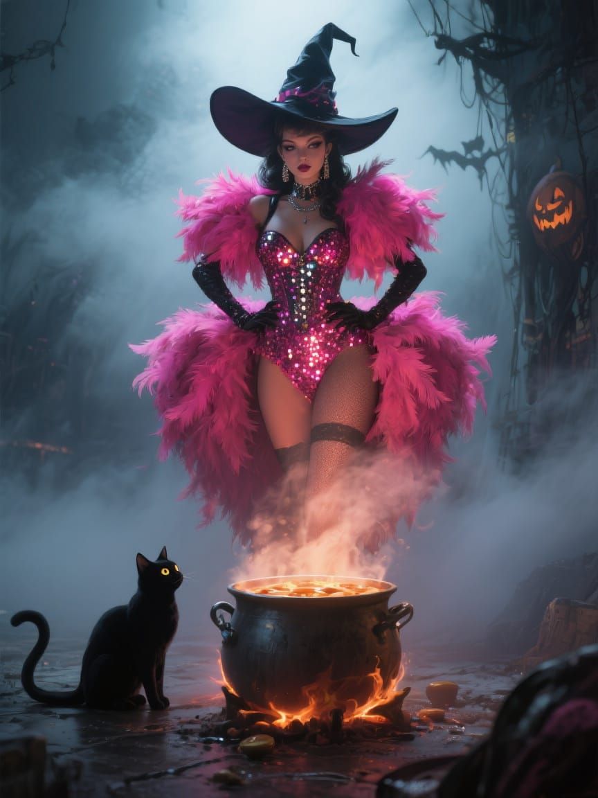 Halloween Witch Vegas Showgirl in Gloomy Fog