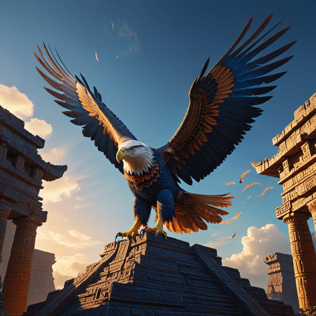 Giant Eagle Soaring Over Mayan Temple in Fantasy Art