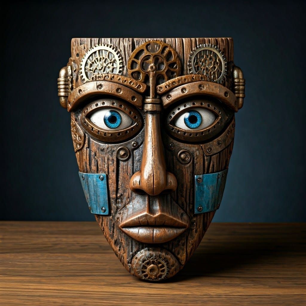 A wooden sculpture of an abstract face with eyes, nose, and mouth in the style of rustic figurative art