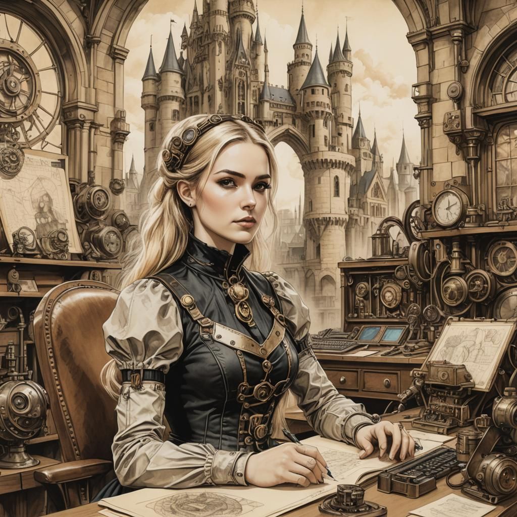 Steampunk Lady's Detailed Sketch with Gothic Castle