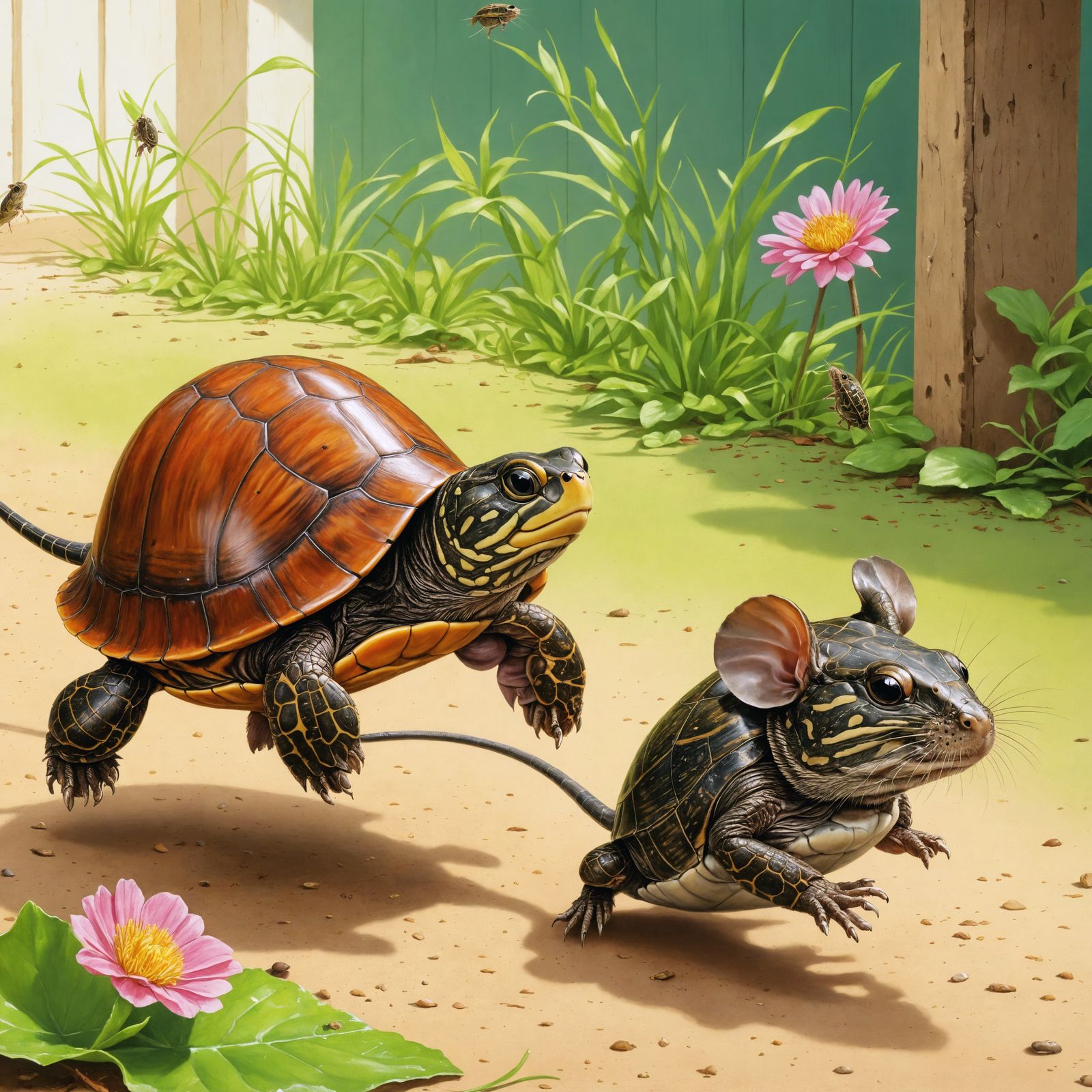 Turtle and Mouse Race in Vibrant Forest Illustration