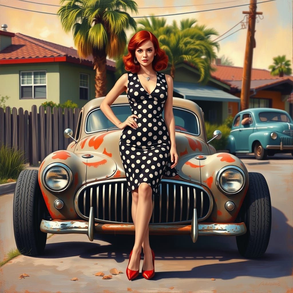 Vintage Pinup Girl Stands Proud by 1950s LA Hot Rod