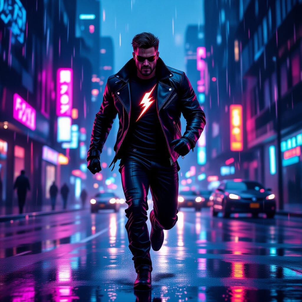 The Flash in a Neon Cyberpunk Cityscape