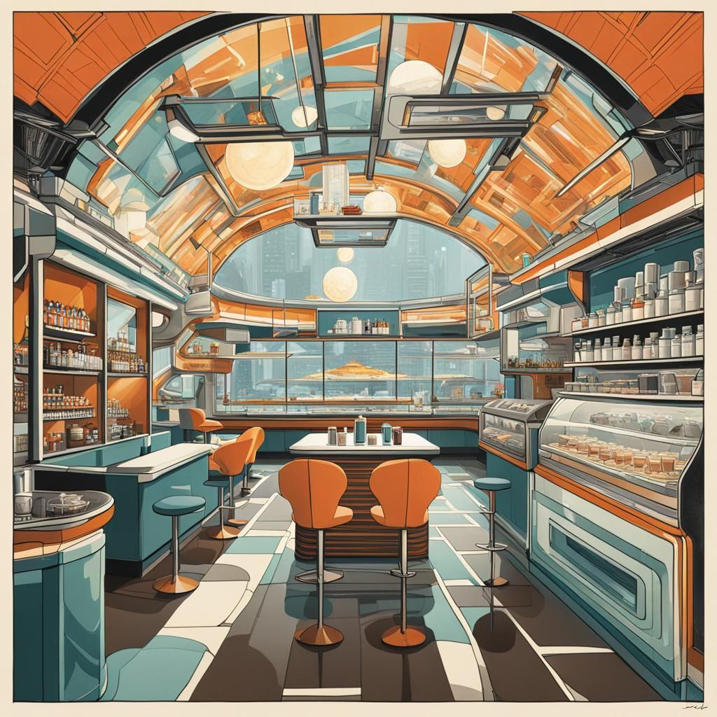 Futuristic City Cafe: Illustrated Cut-Away View