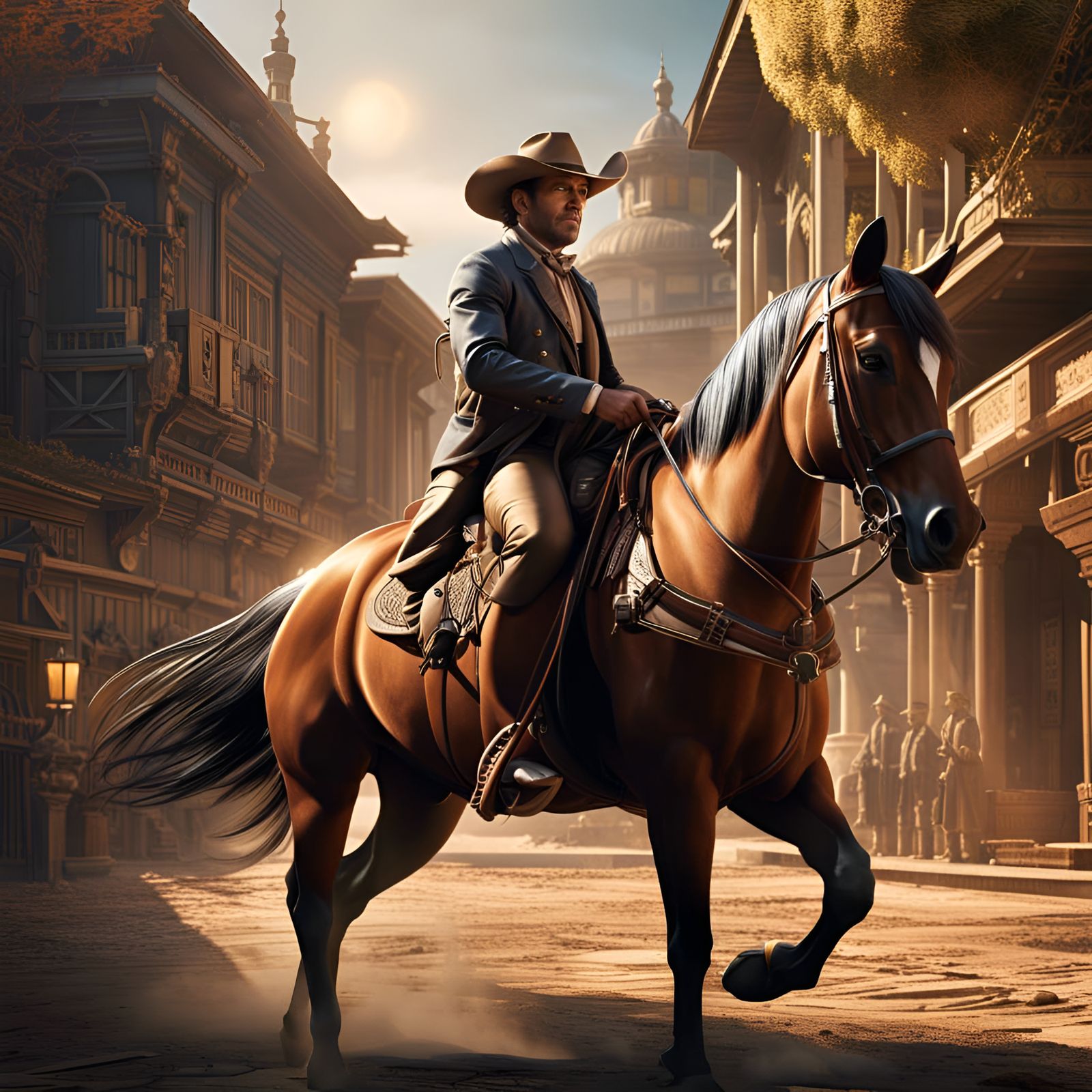 Cowboy Sheriff Rides Through Western Town: Digital Art