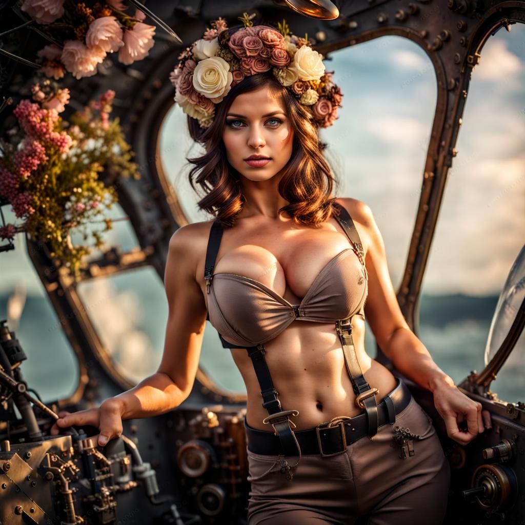 Steampunk Pilot Portrait with Floral Accents