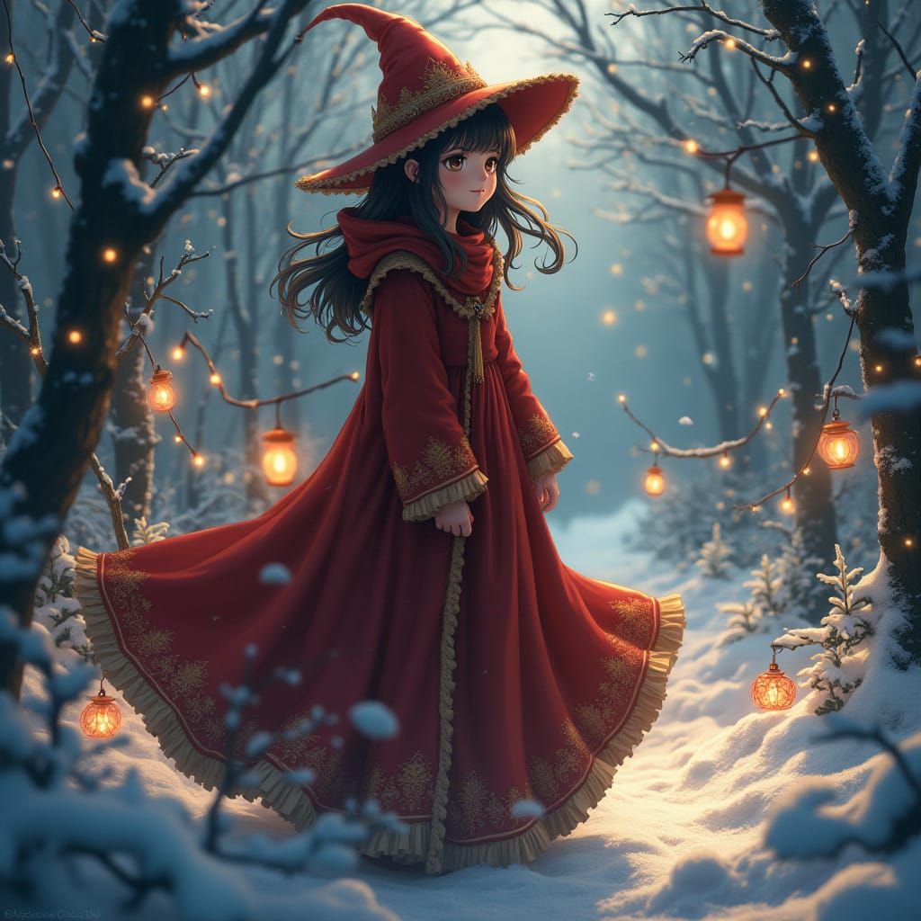 Surreal Christmas Witch in Enchanting Anime-Inspired Landsca...