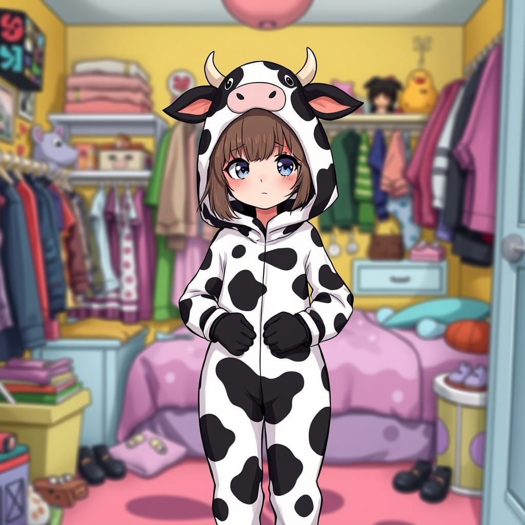 Girl in a Vibrant Cow Costume in a Playful Bedroom Scene