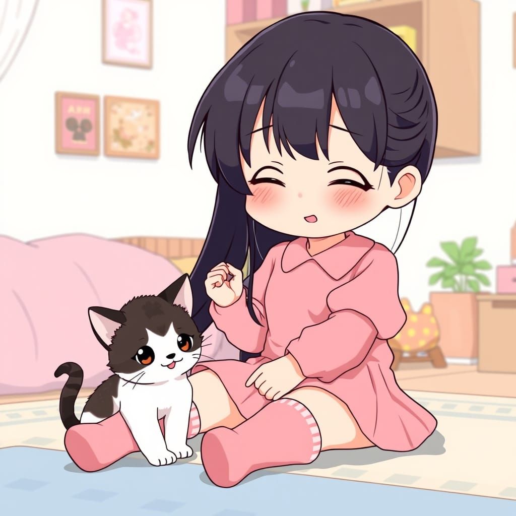 Charming Anime Girl Plays with Kitten in Whimsical Bedroom