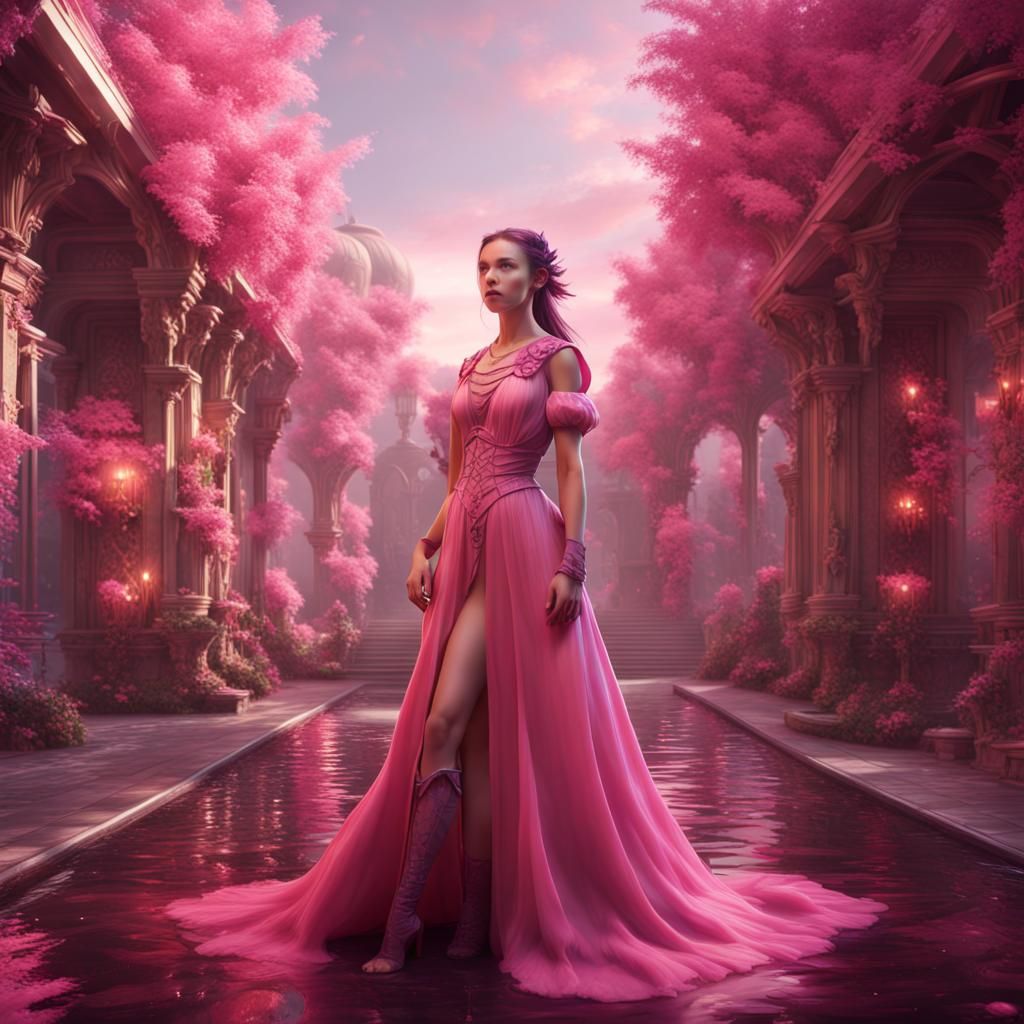 Pretty Girl in Pink: Detailed Matte Painting