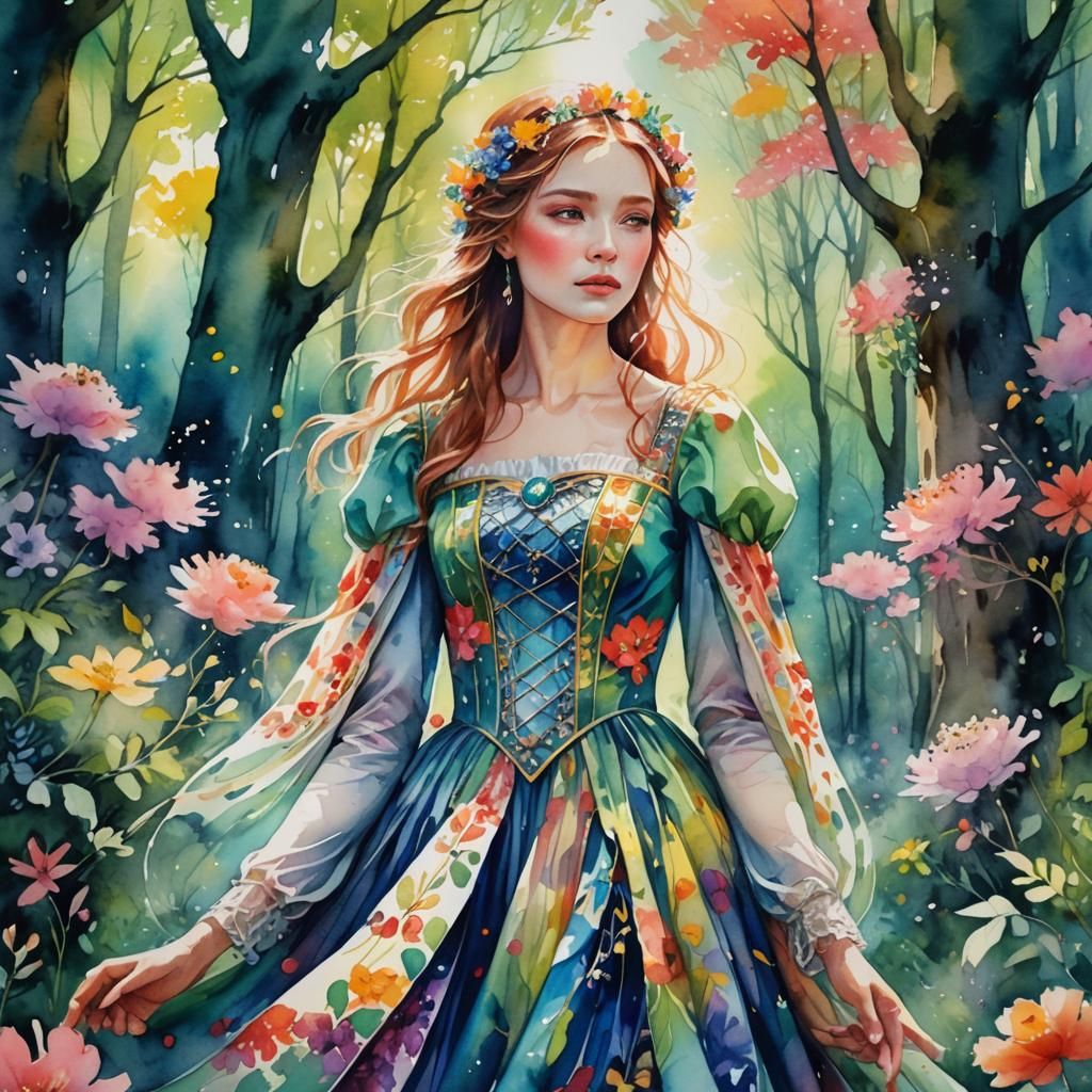 Fairytale Maiden Portrait in Watercolor Style