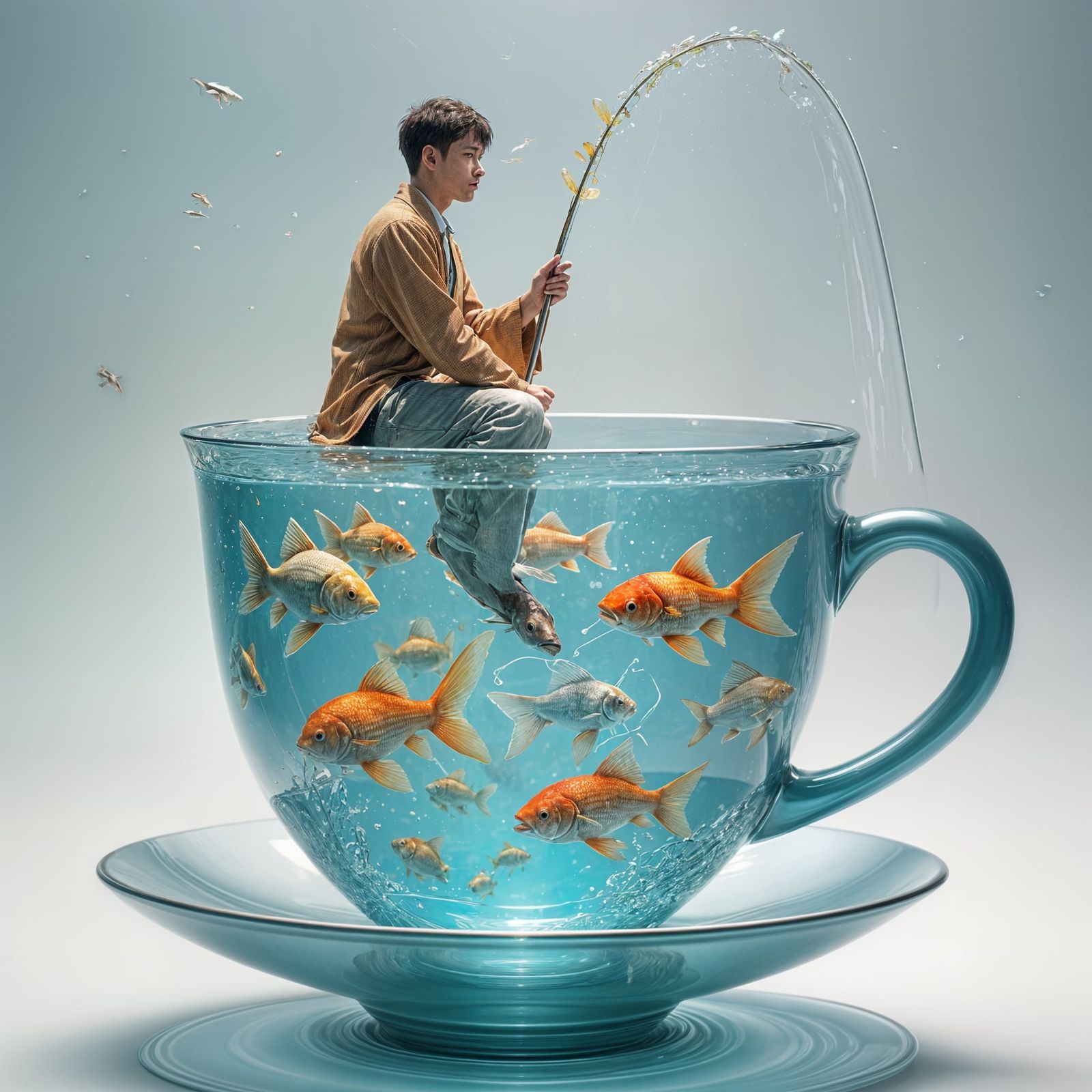Man Fishing in Teacup: 3D Anime Art