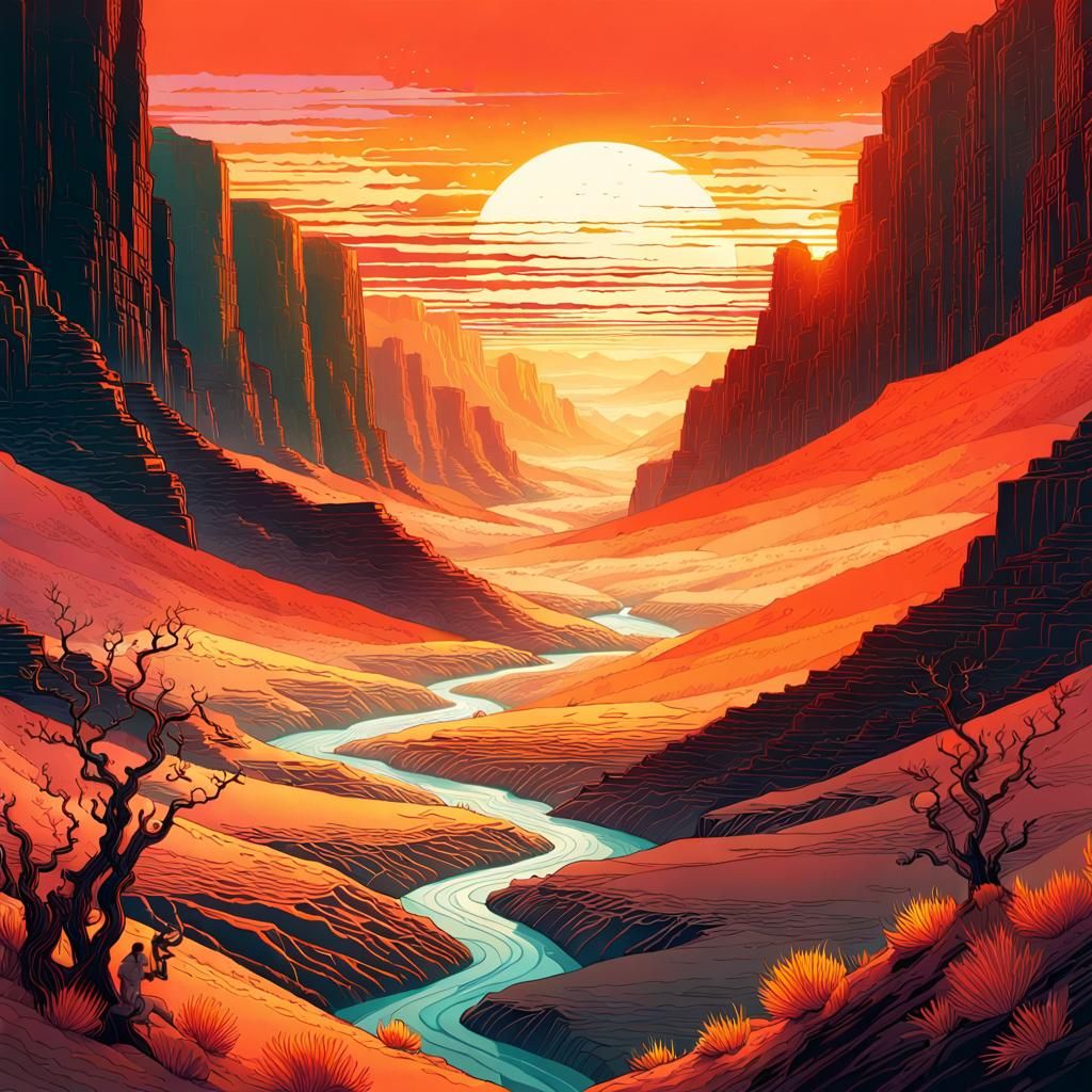 Desert Canyon Sunset in Ukiyo-e Style