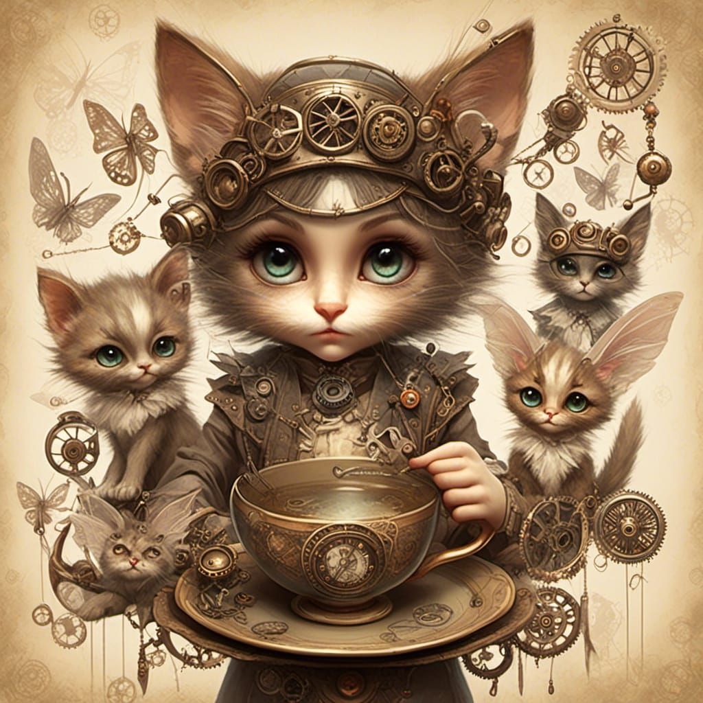 <lora:steam dreams 2:1.0> steampunk cat girl , tea cup pixies, fairies augmented with mechanical parts, dream catch...