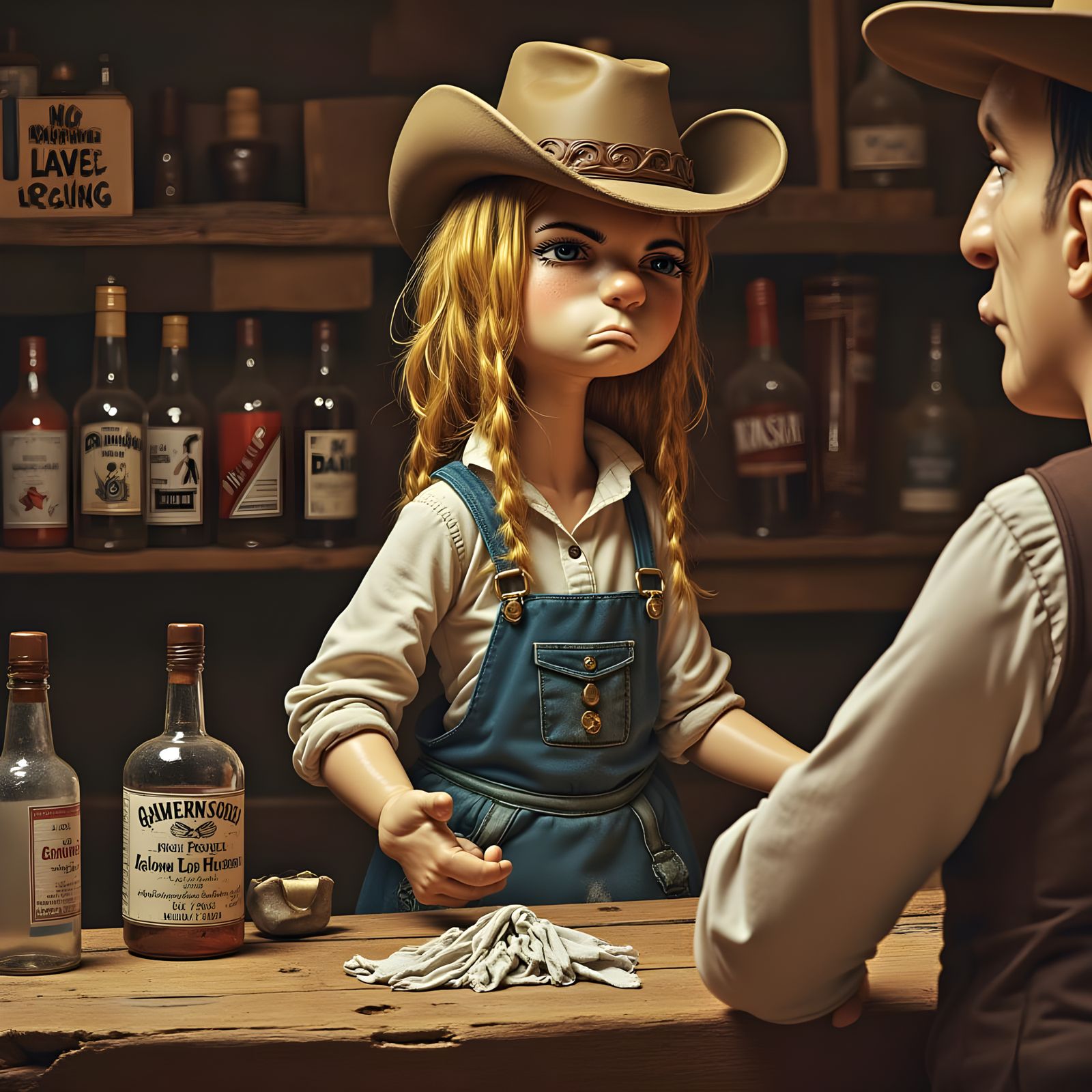 Old West Cowgirl Bar Owner in Vintage Postcard Style