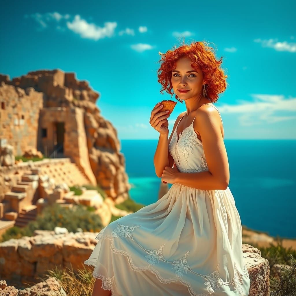 Surreal Woman Posing on Ancient Temple Steps, Surrounded by ...
