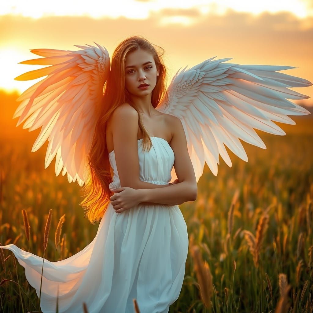 Winged Woman in Golden Sunset Field
