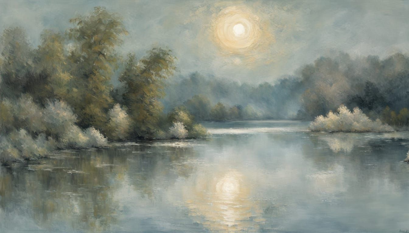 Moonlit Lake: Impressionist Rendering in Silver Light