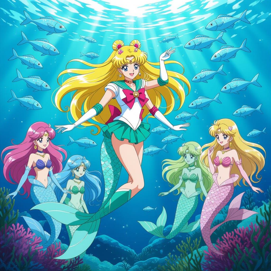 Sailor Venus as a Mermaid Meeting Mermaids in Anime Style