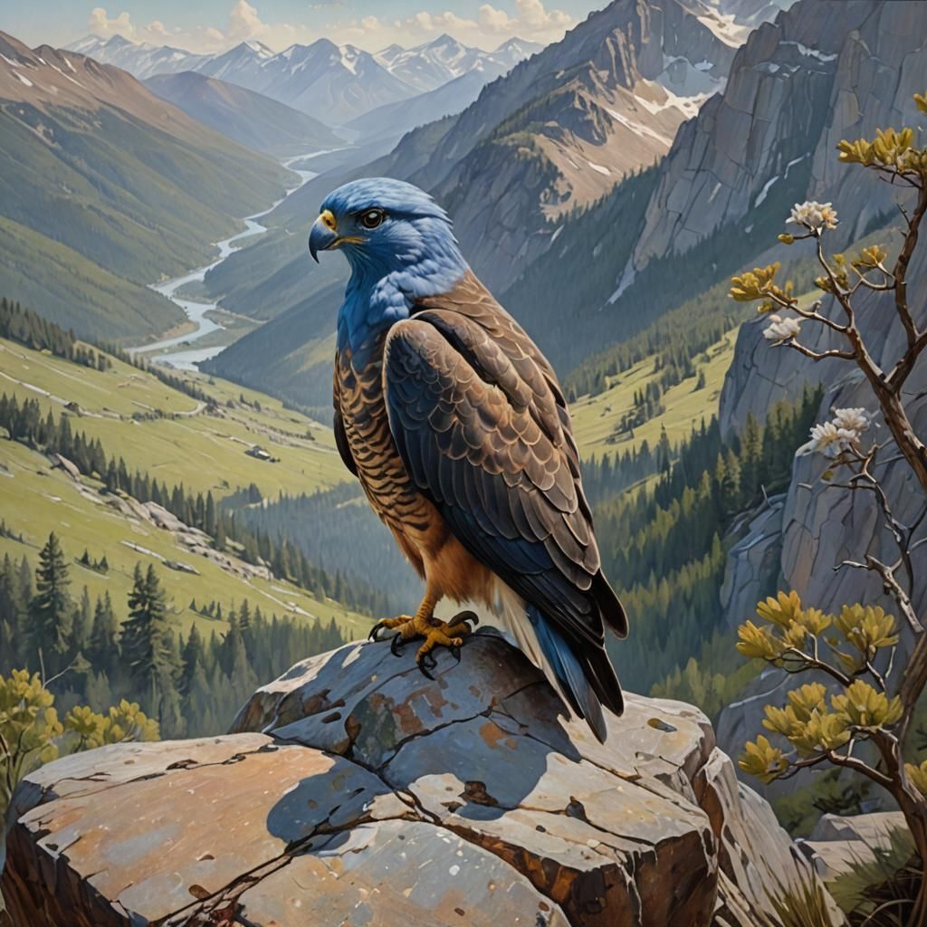 Blue-Headed Hawk with Alpine View, Oil Painting