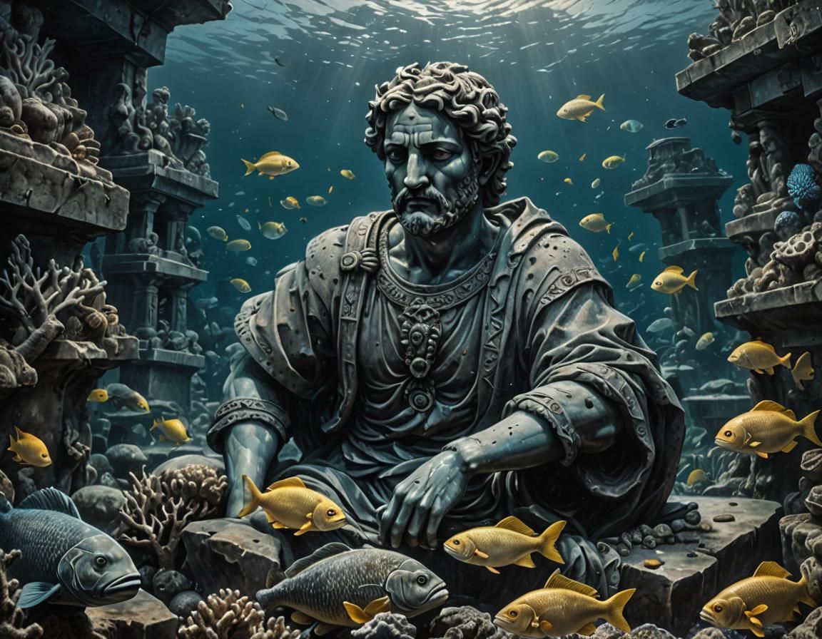 Underwater Statue Charcoal Drawing with Coral and Fish