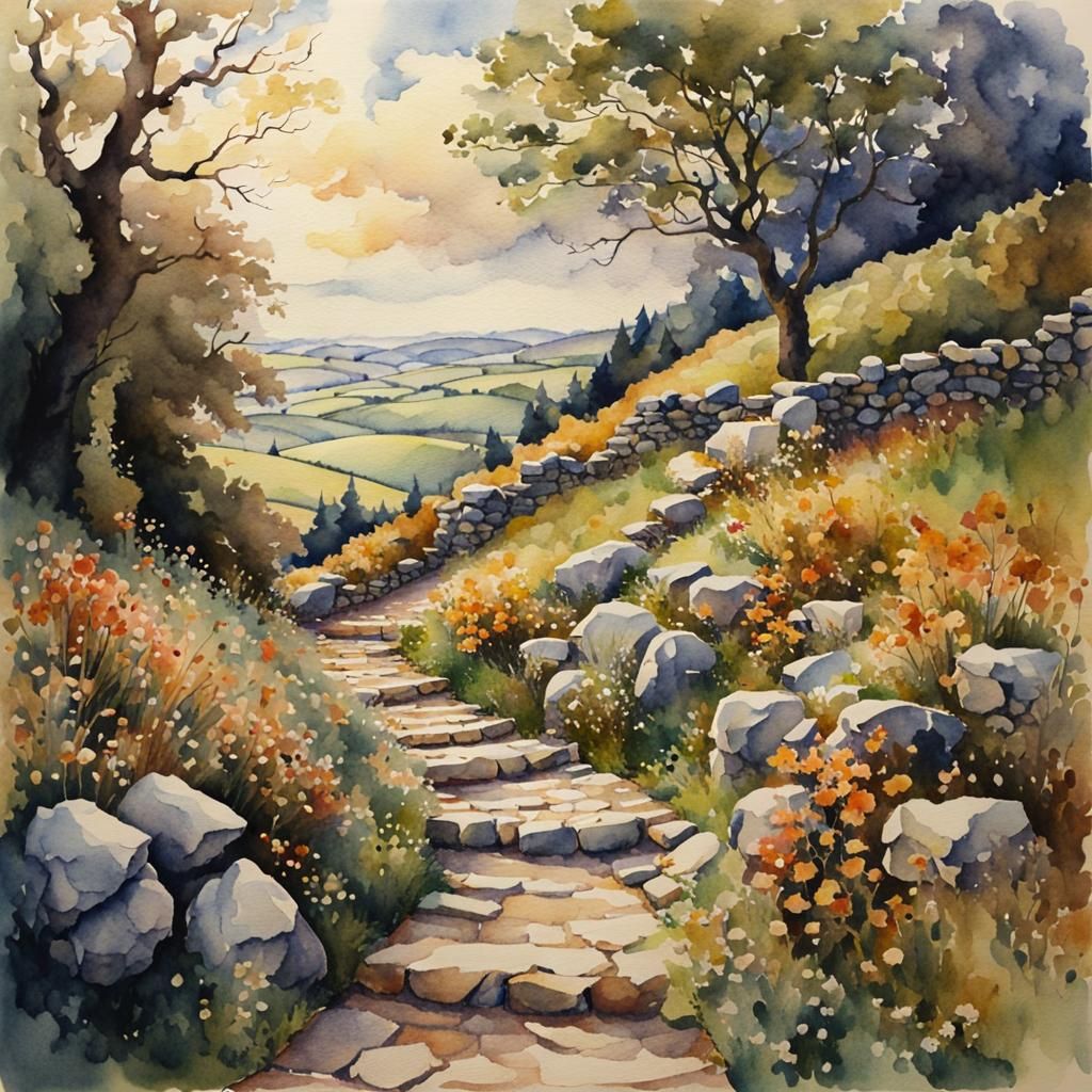 Cobblestone Path Through Hills in Watercolour Style