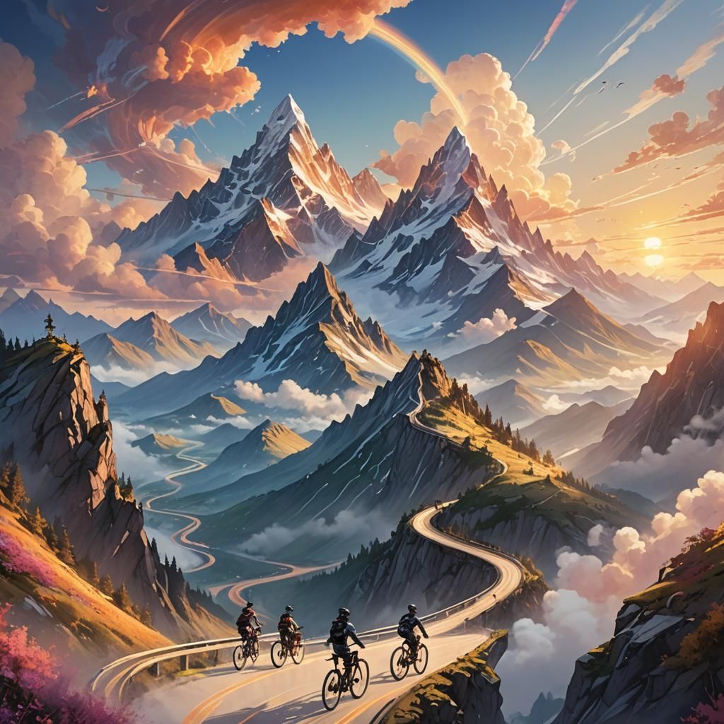 Cyclists Race on Cloud Trail in Majestic Mountains