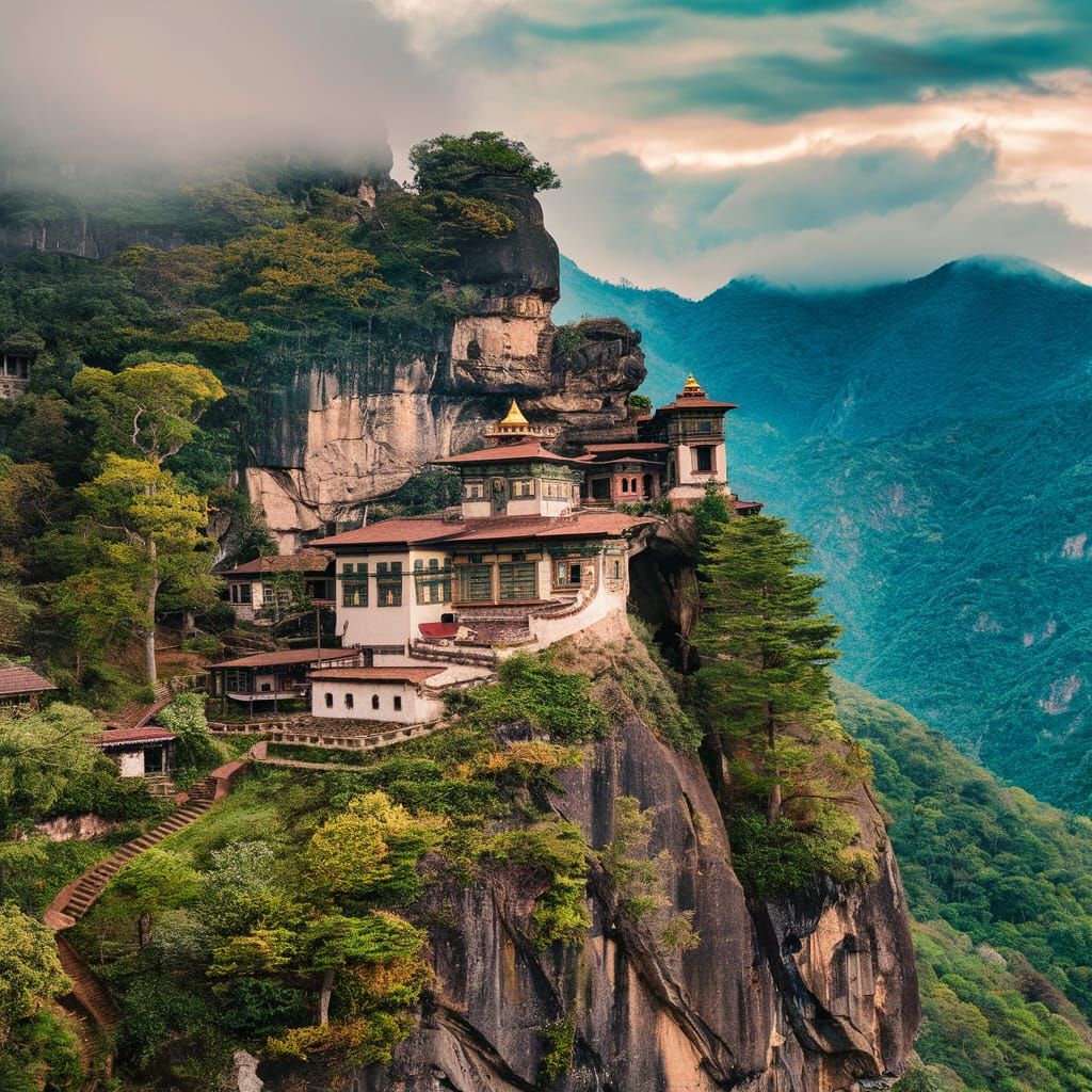 Cliffside Temple Complex in Lush Green Mountains