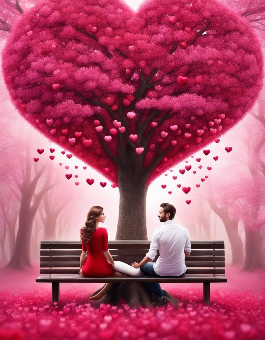 Tree of heart flowers in pink and red. 

Woman and man sitting on bench holding hands under tree 

Photo realistic, fant...