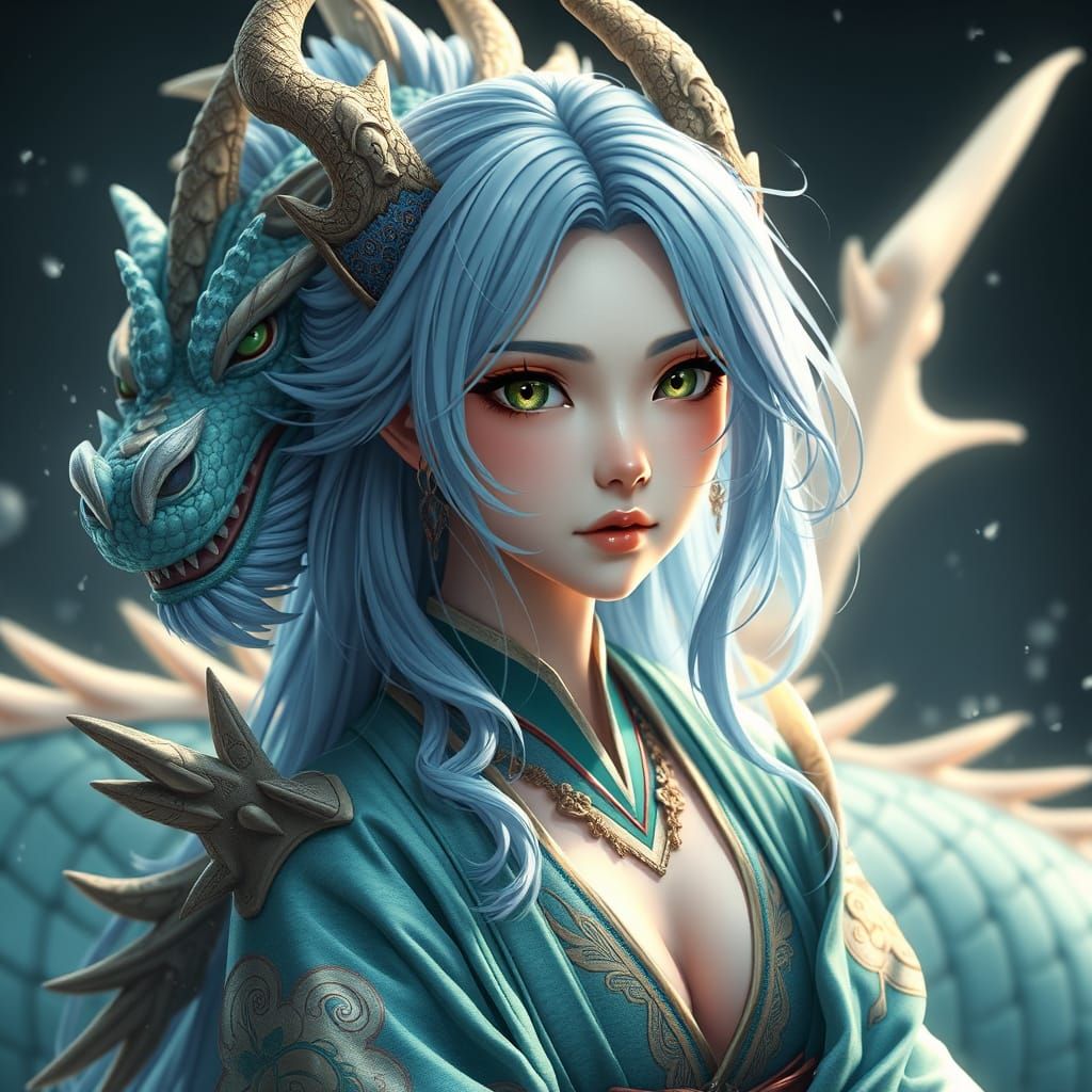 Surreal Fantasy Goddess in Aqua Kimono, Radiant with Green E...