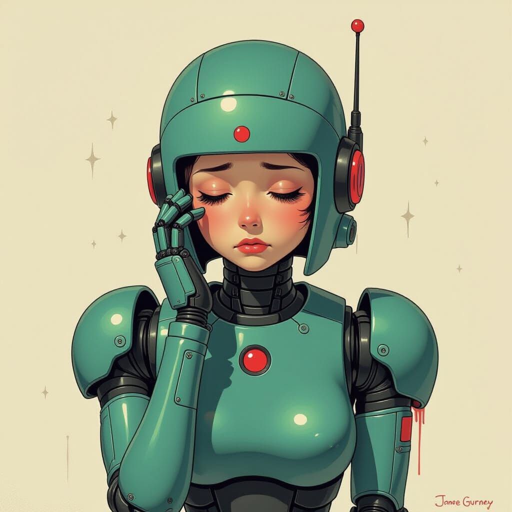 Sad Robot Girl: Oil Painting by James Gurney