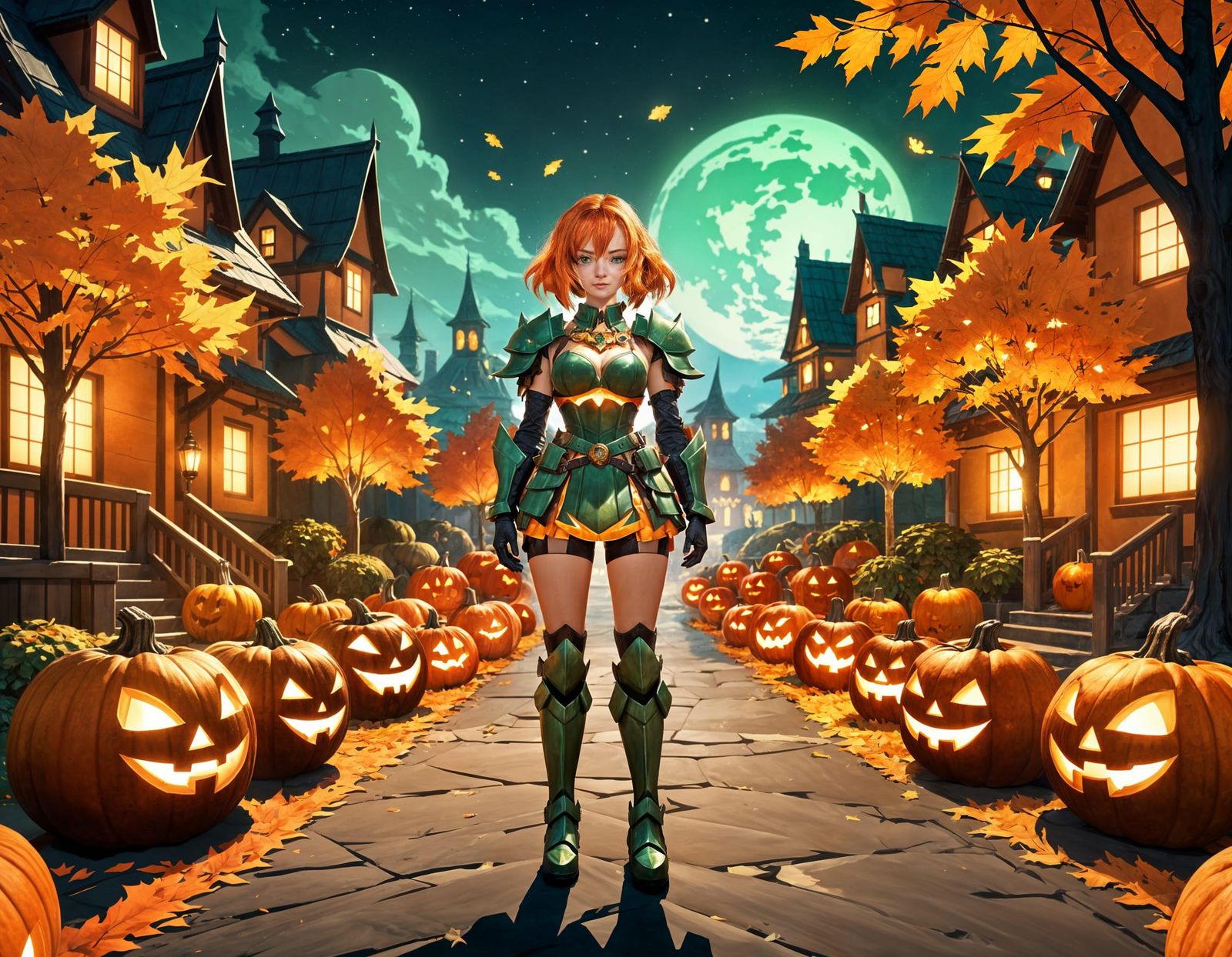Autumn Warrior in Pumpkin Armor at Night