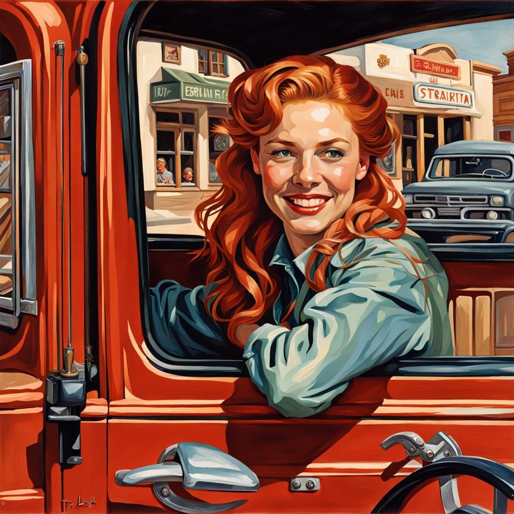 Retro Portrait of Redhead Driving Truck in Small Town