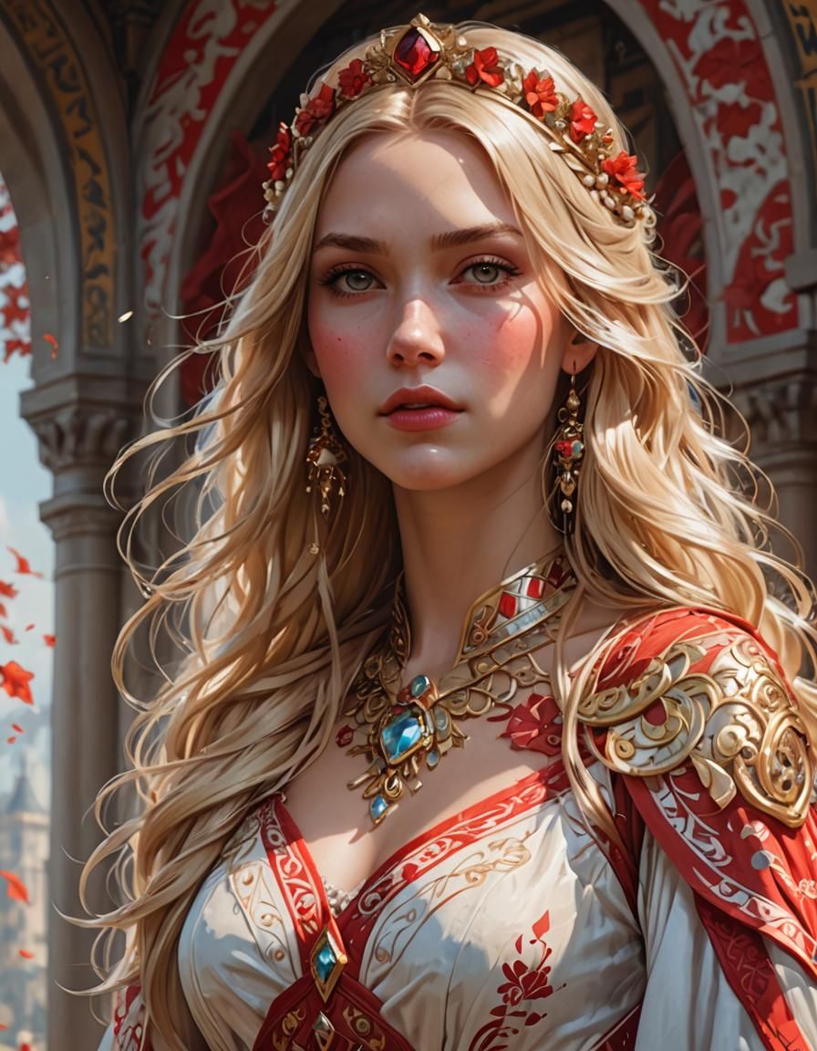 Princess in Vibrant Red and White Portrait Art