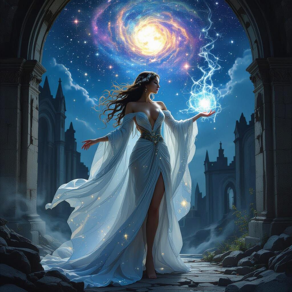 Starlight Sorceress Conjuring Magic in Gothic Ruins