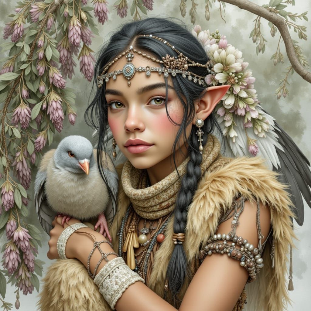 Neolithic Elf with Homing Pigeon in Vivid Watercolor Style