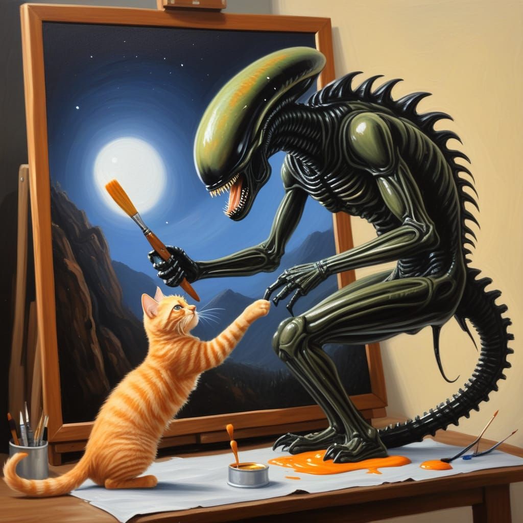 Xenomorph Paints Orange Cat Oil Painting
