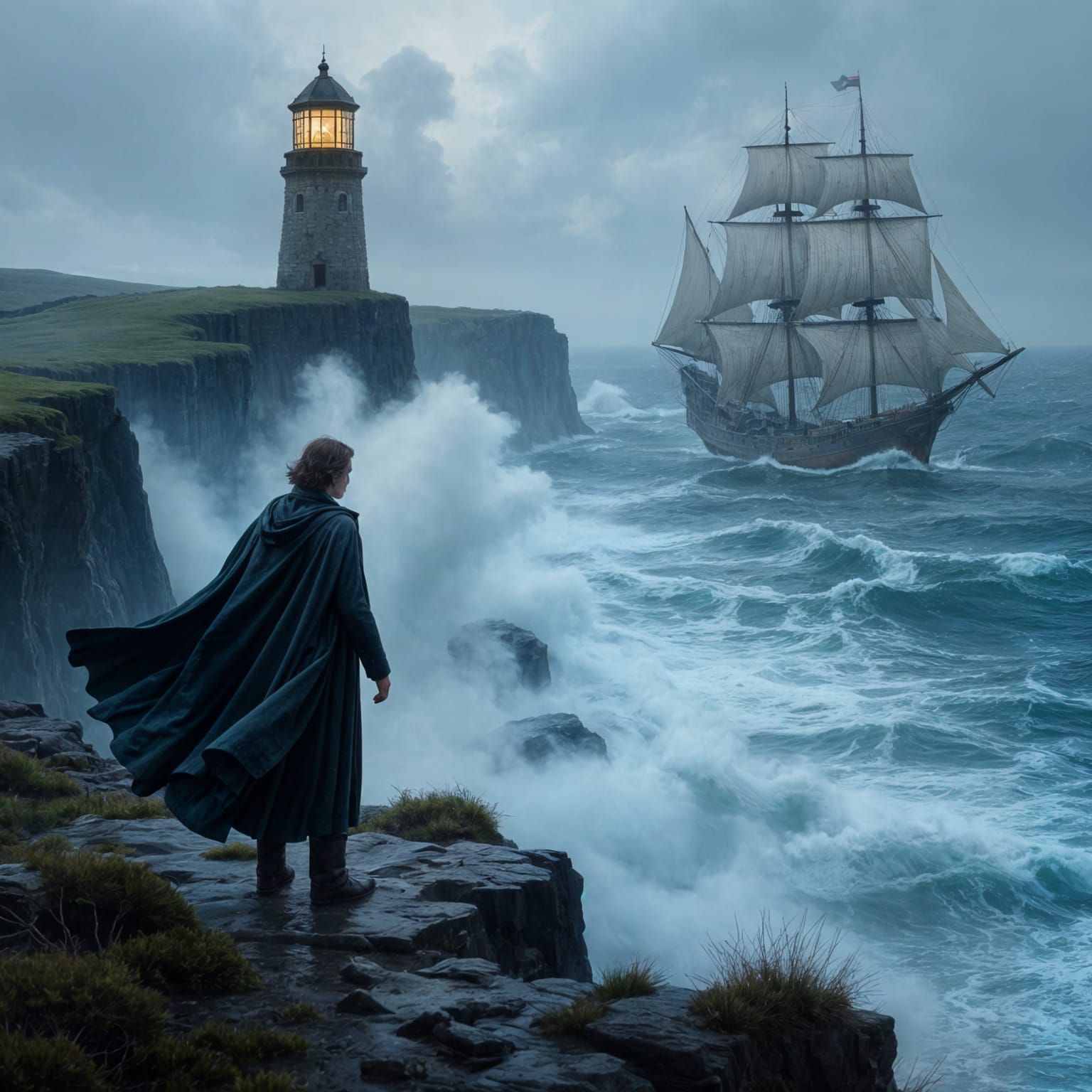 Romantic Seascape of Gentleman on Cliff