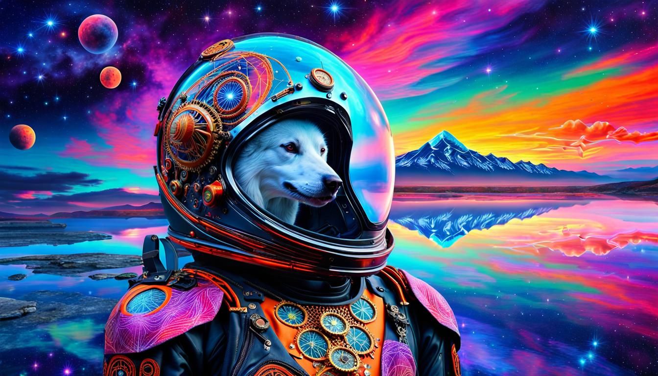 Steampunk Wolf Dreamcatcher in Cosmic Neon Sky