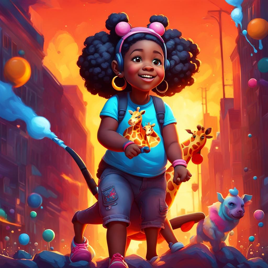 Girl Rides Giraffe: Vibrant 3D Digital Art