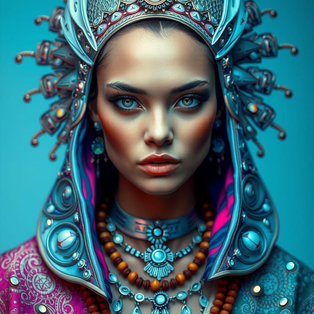 Stunning Hyperrealistic Portrait in Cyberpunk Tribal Style