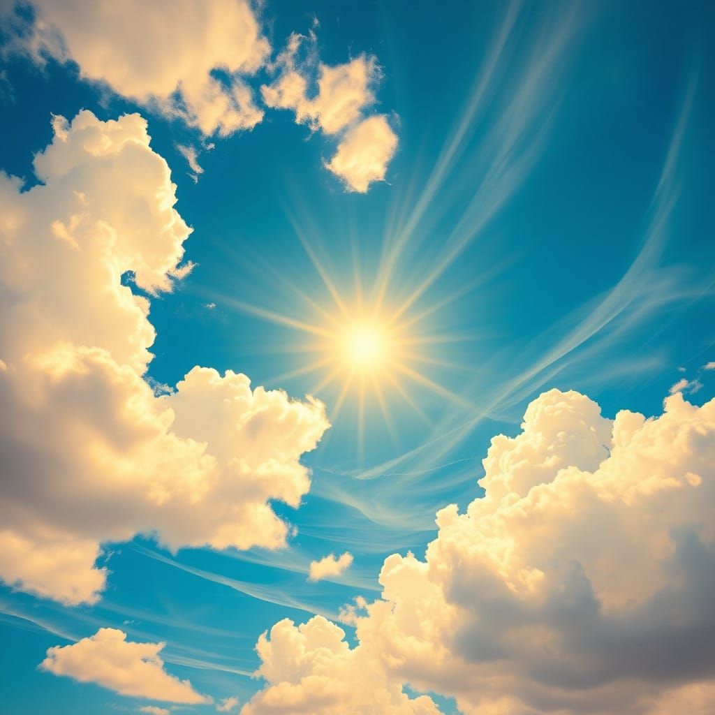 Dreamy Blue Sky with Puffy White Clouds and Golden Sun