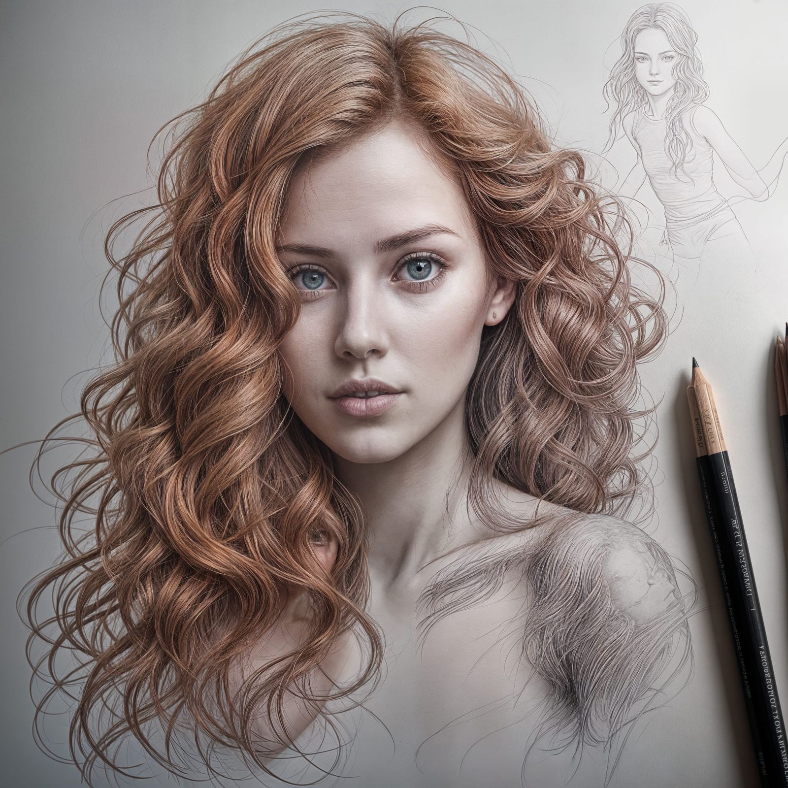 Pencil Sketch of a Girl with Fiery Red Hair