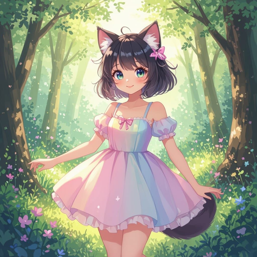 Whimsical Cat Girl in Pastel Forest