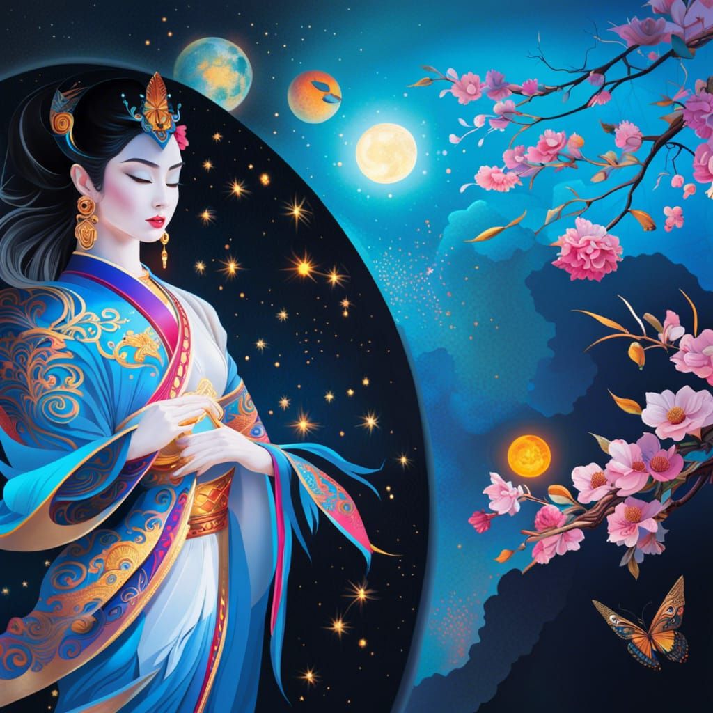 Oriental Goddess of Day and Night in Hyperrealistic Splash A...